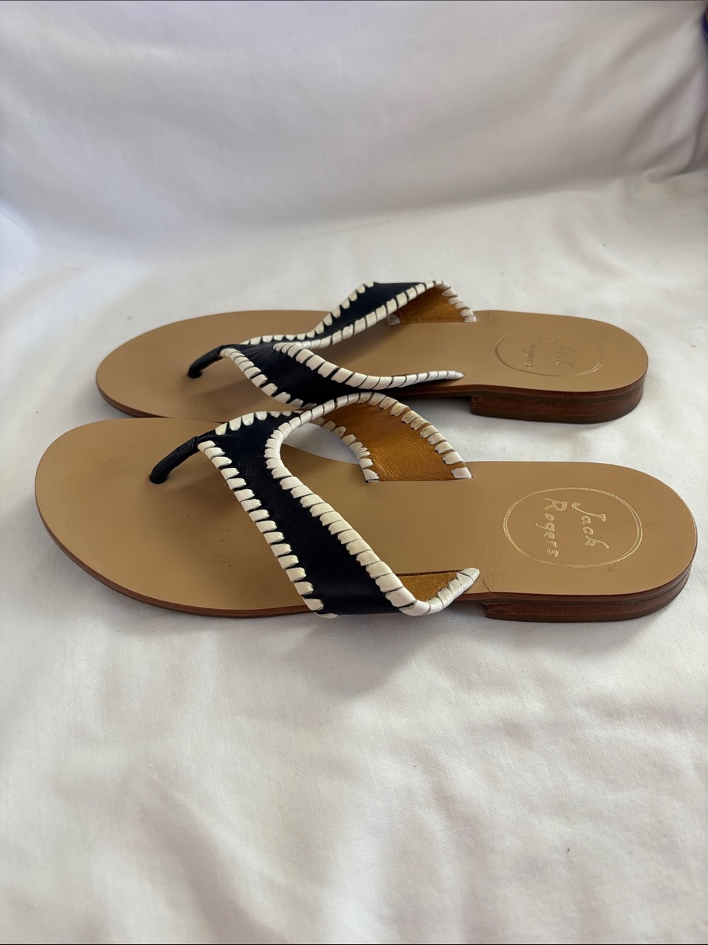 Jack Rogers Navy Blue and White Whipstitch Thong Sandals